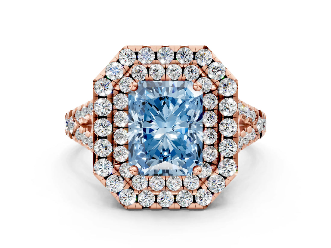 Rose gold Double Halo Fancy Blue Radiant  Cut Pave Split Shank Prong Set Ring_15