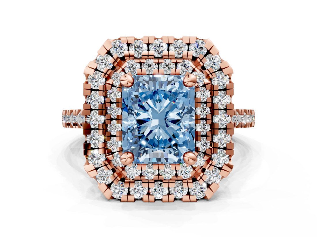 Rose gold Double Halo Fancy Blue Radiant  Diamond Pave Band with Four-Prong Setting_43