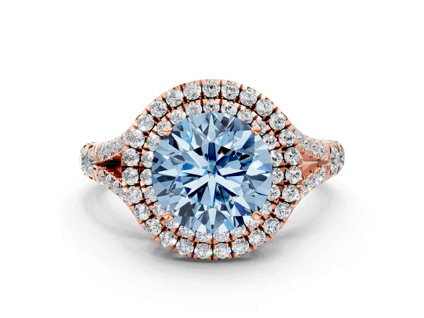 Rose gold Fancy Blue Round Cut Diamond Double Halo Ring with Split Shank and Prong Setting