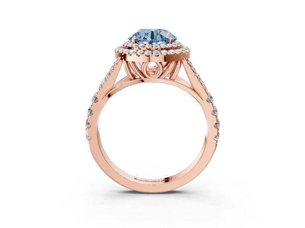Rose gold Fancy Blue Round Cut Diamond Double Halo Ring with Split Shank and Prong Setting