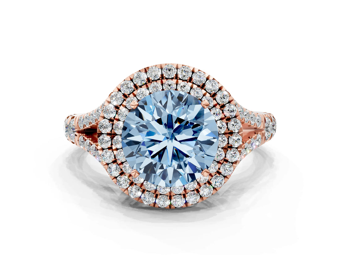Rose gold Double Halo Fancy Blue Round Cut Diamond Split Shank Engagement Ring with Four-Prong Setting_3