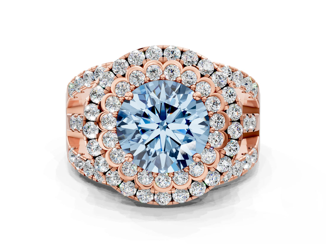 Rose gold Double Halo Fancy Blue Round Cut Diamond Split Shank Pave Set Ring_3