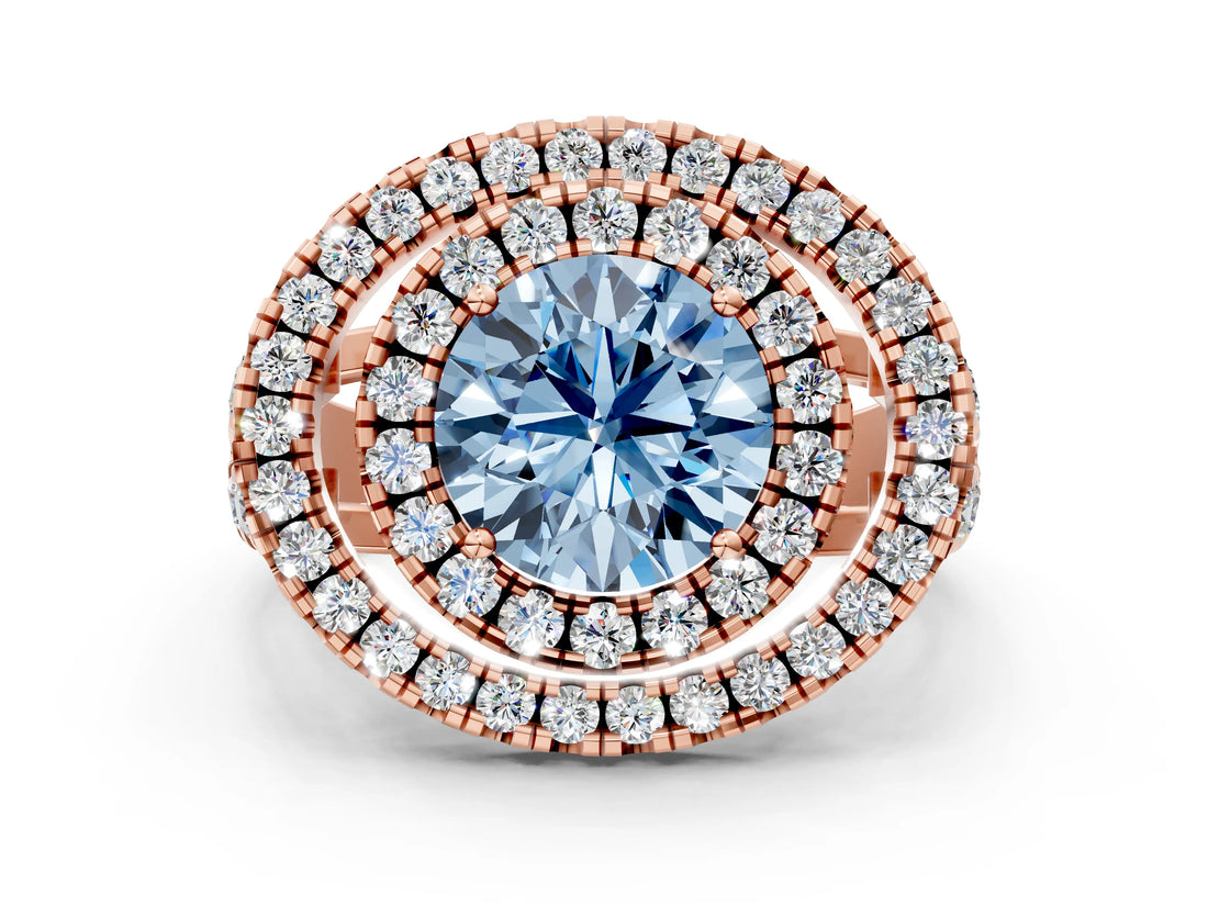 Rose gold Double Halo Fancy Blue Round Cut Diamond Split Shank Prong Setting Ring