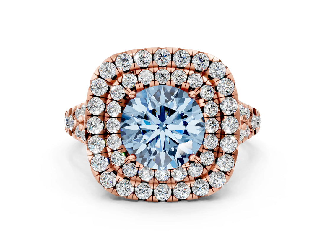 Rose gold Double Halo Fancy Blue Round  Cut Pave Split Shank Prong Set Ring_15