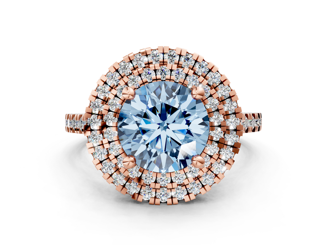 Rose gold Double Halo Fancy Blue Round  Diamond Pave Band with Four-Prong Setting_43