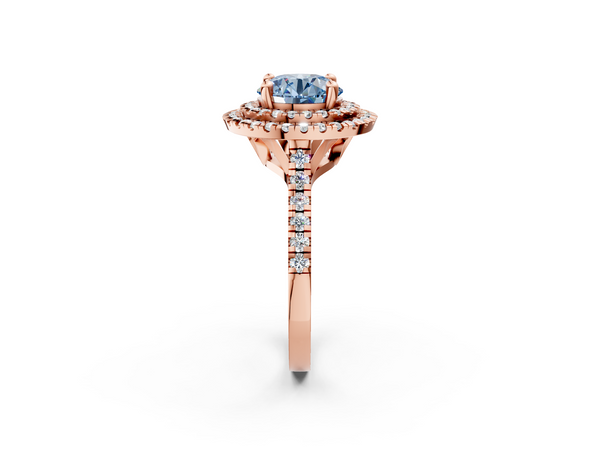 Rose gold Double Halo Fancy Blue Round Cut Diamond Pavé Band with Four-Prong Setting