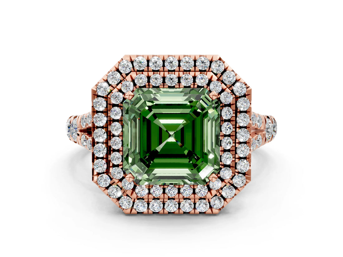 Rose gold Double Halo Fancy Green Asscher -Shaped Split Shank Diamond Ring with Prong Setting_15