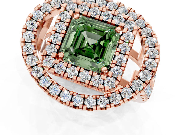 Rose Gold Asscher Cut Halo Engagement Ring Setting for Fancy Green Center - Design RJ-762