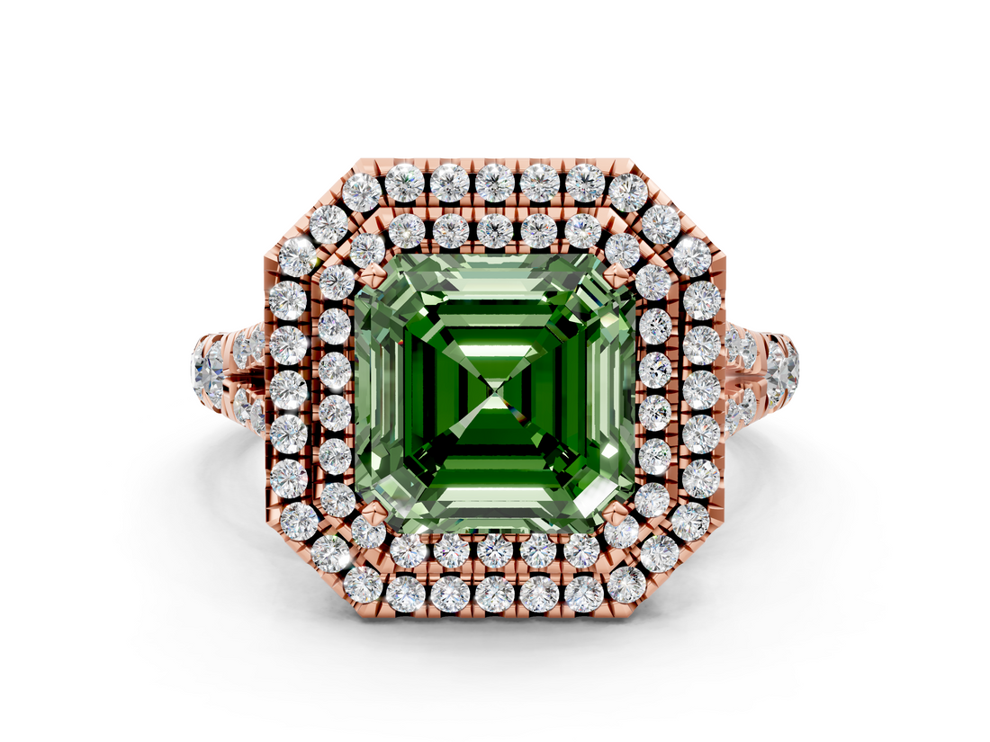 Rose gold Double Halo Fancy Green Asscher  Cut Diamond Split Shank Ring with Four Prong Setting