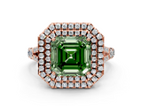 Rose gold Double Halo Fancy Green Asscher  Cut Diamond Split Shank Ring with Four Prong Setting