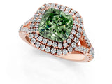 Rose gold Double Halo Fancy Green Cushion -Shaped Split Shank Diamond Ring with Prong Setting_16