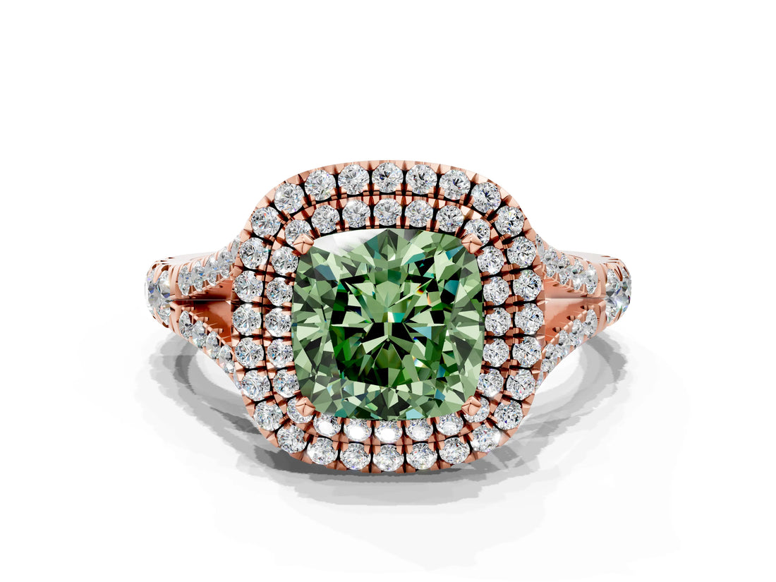 Rose gold Double Halo Fancy Green Cushion Cut Diamond Split Shank Engagement Ring with Four-Prong Setting_3