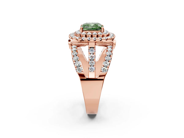 Rose gold Double Halo Fancy Green Cushion Cut Diamond Split Shank Pave Set Ring