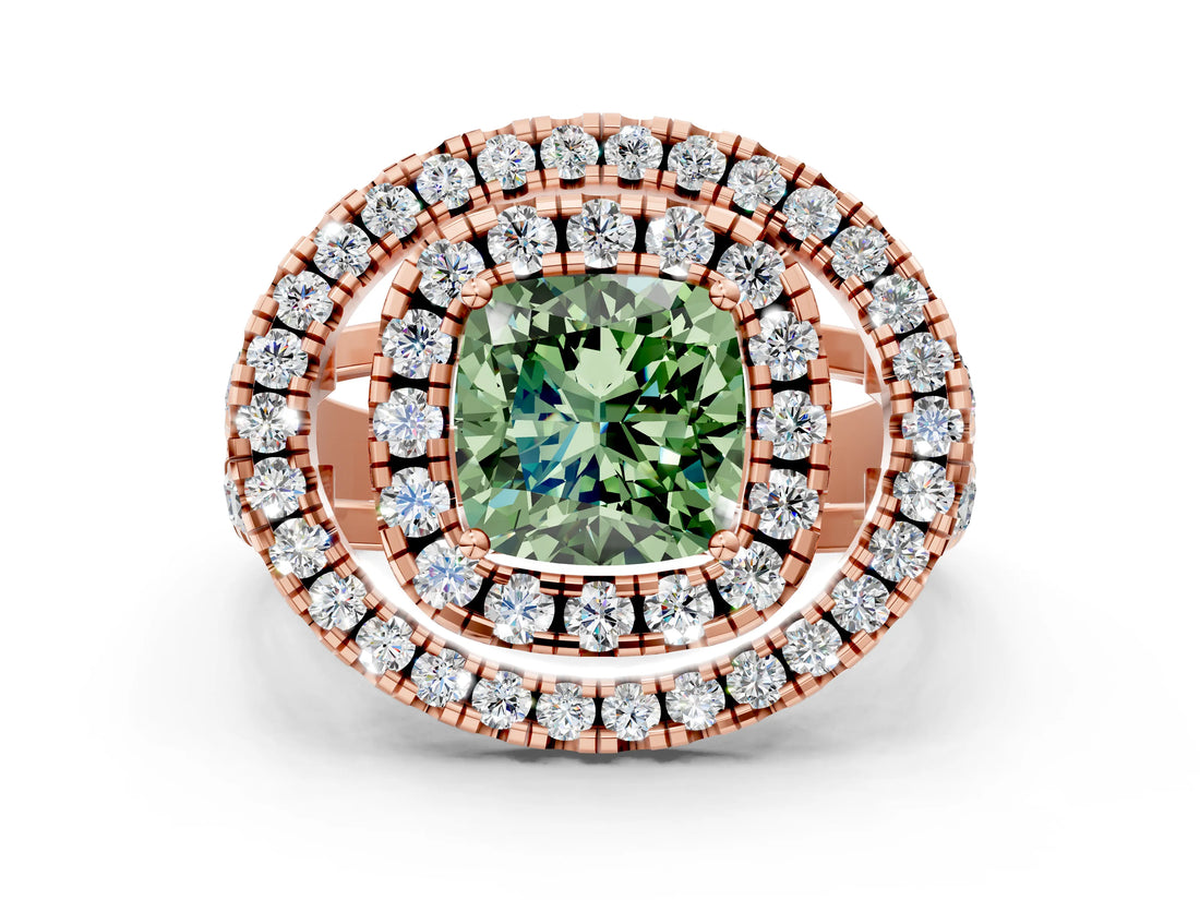 Rose gold Double Halo Fancy Green Cushion Cut Diamond Split Shank Prong Setting Ring