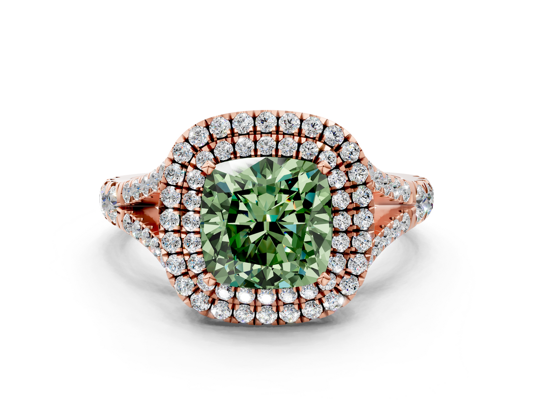 Rose gold Double Halo Fancy Green Cushion  Cut Diamond Split Shank Ring with Four Prong Setting_19