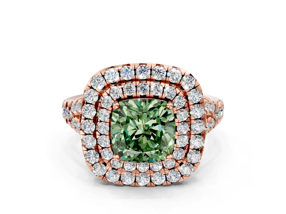 Rose gold Double Halo Fancy Green Cushion  Cut Pave Split Shank Prong Set Ring_15