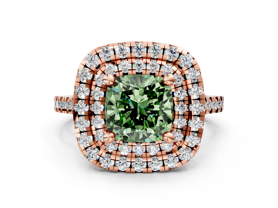 Rose gold Double Halo Fancy Green Cushion  Diamond Pave Band with Four-Prong Setting_43