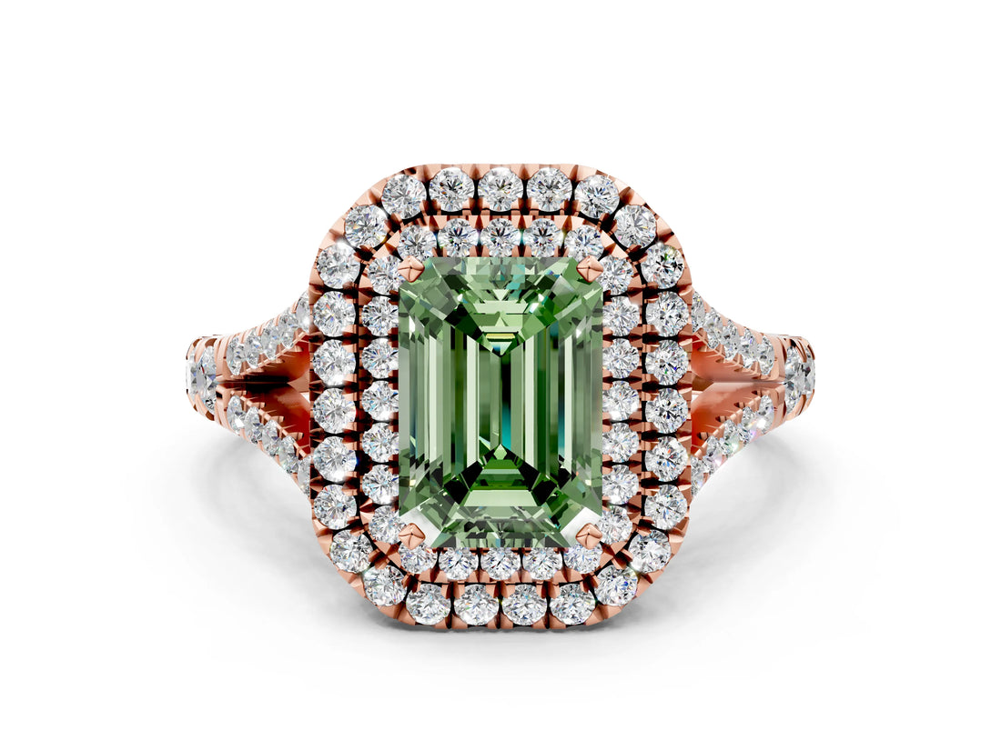 Rose gold Double Halo Fancy Green Emerald -Shaped Split Shank Diamond Ring with Prong Setting_15