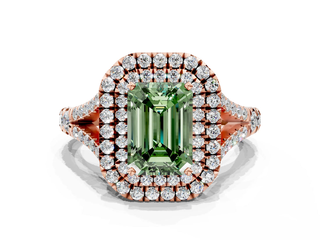 Rose gold Double Halo Fancy Green Emerald Cut Diamond Split Shank Engagement Ring with Four-Prong Setting_3
