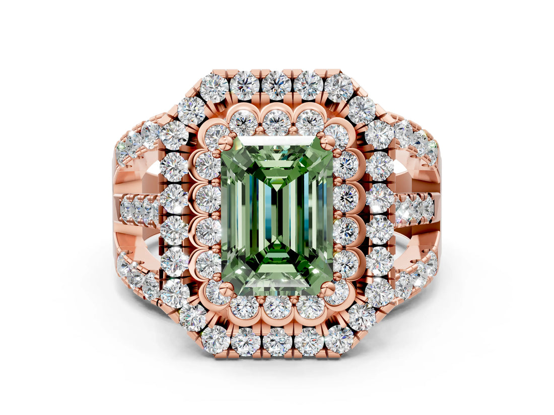 Rose gold Double Halo Fancy Green Emerald Cut Diamond Split Shank Pave Set Ring_3