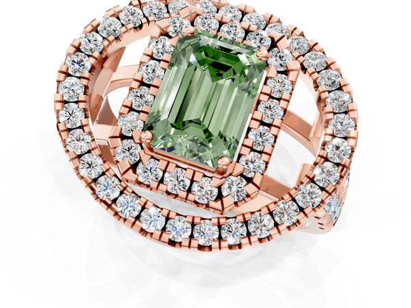 Rose Gold Emerald Cut Halo Engagement Ring Setting for Fancy Green Center - Design RJ-762