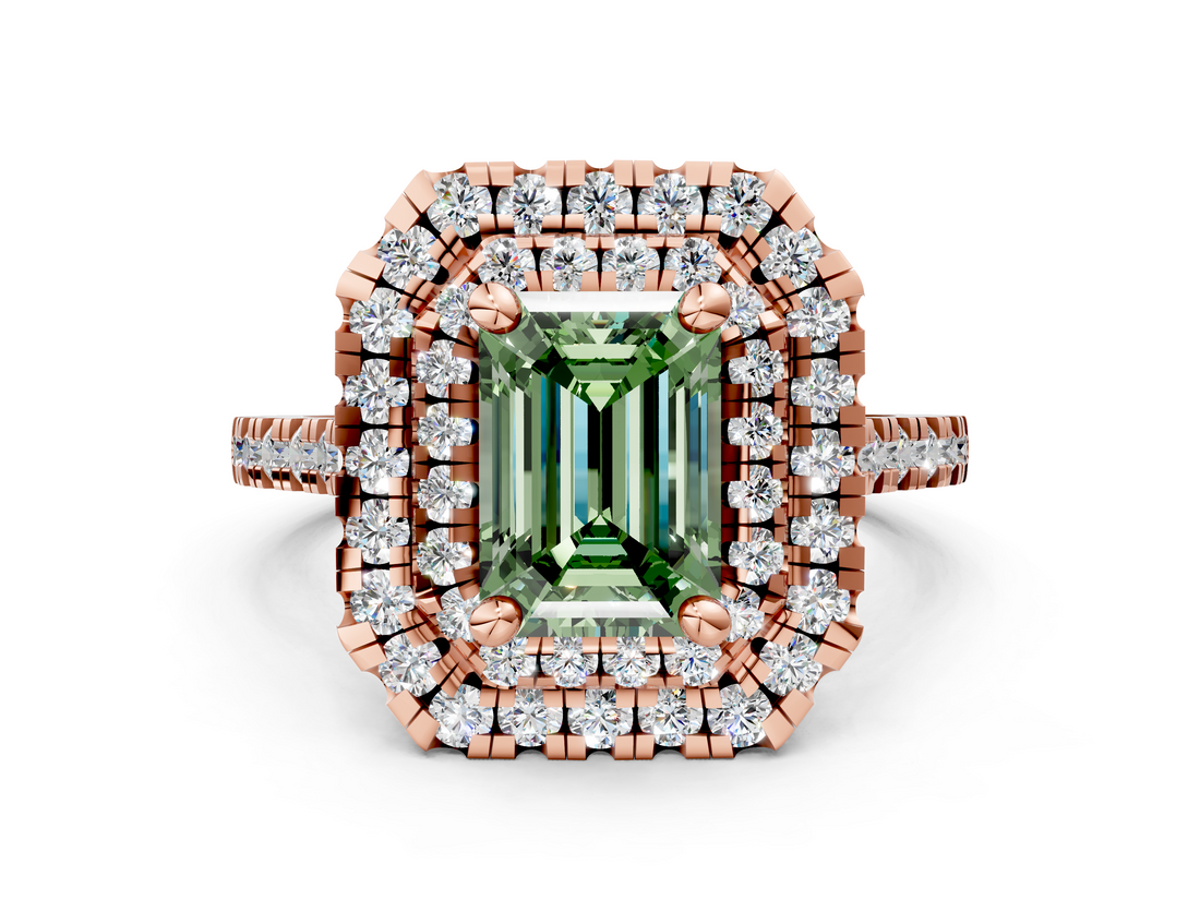 Rose gold Double Halo Fancy Green Emerald  Diamond Pave Band with Four-Prong Setting_48