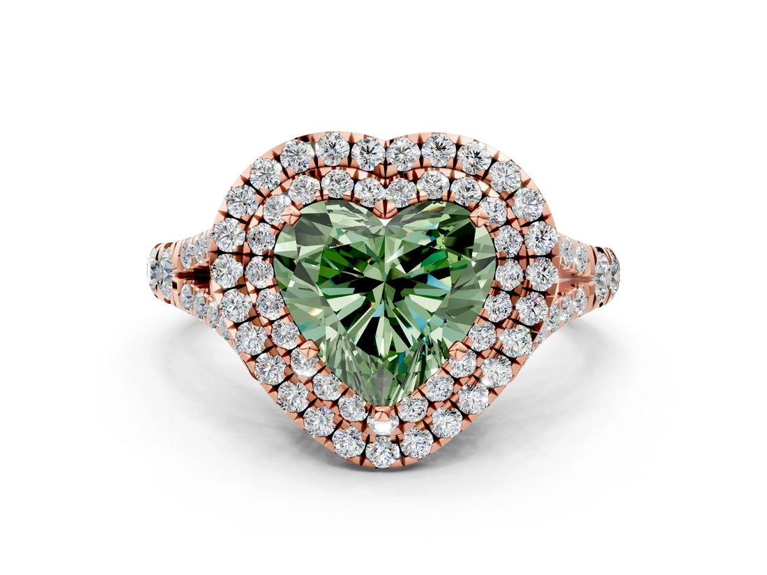 Rose gold Double Halo Fancy Green Heart -Shaped Split Shank Diamond Ring with Prong Setting_15