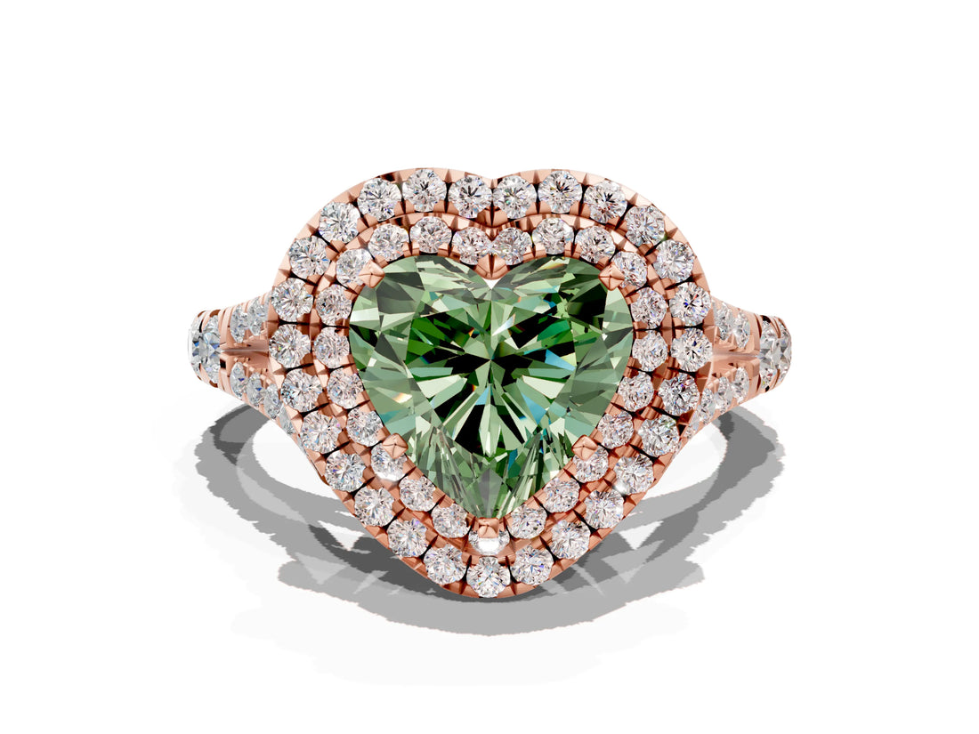 Rose gold Double Halo Fancy Green Heart Cut Diamond Split Shank Engagement Ring with Four-Prong Setting_3