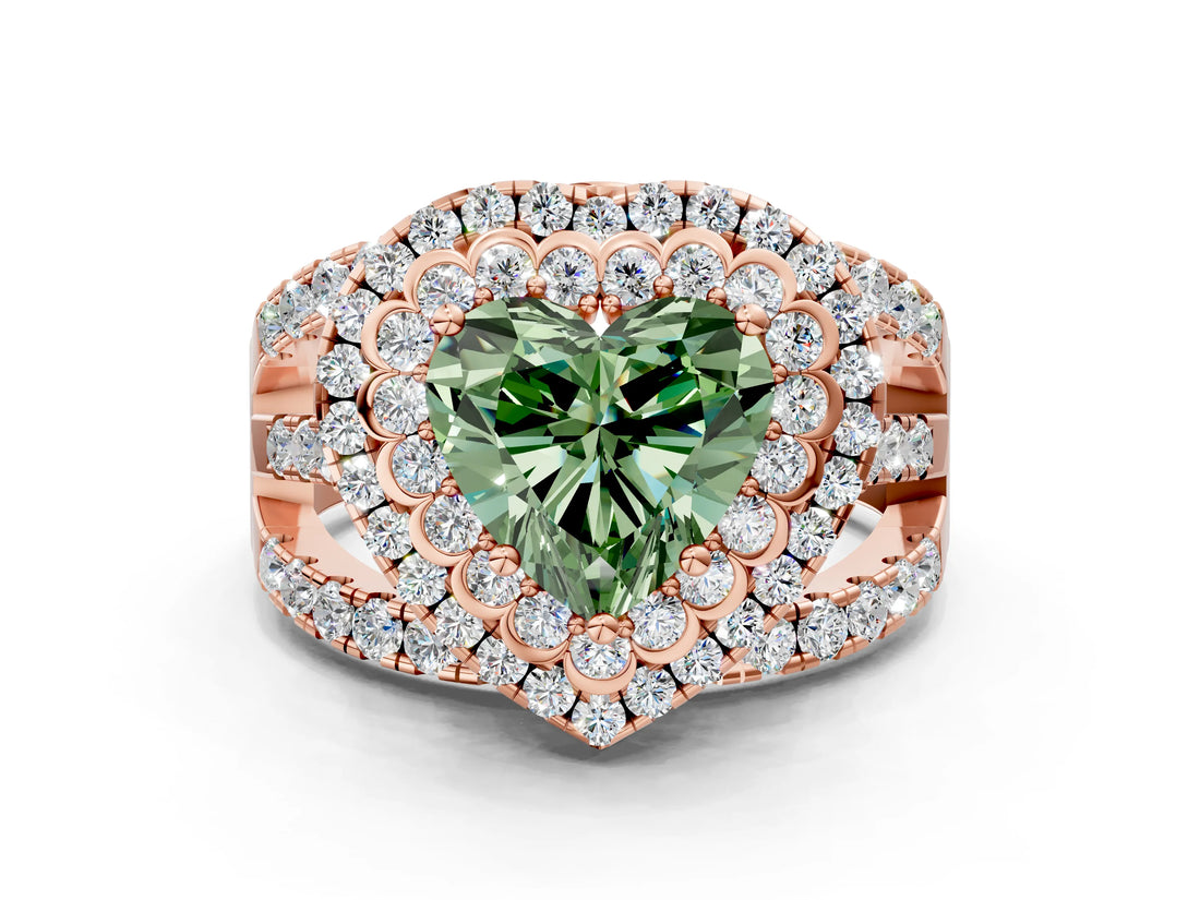 Rose gold Double Halo Fancy Green Heart Cut Diamond Split Shank Pave Set Ring_3
