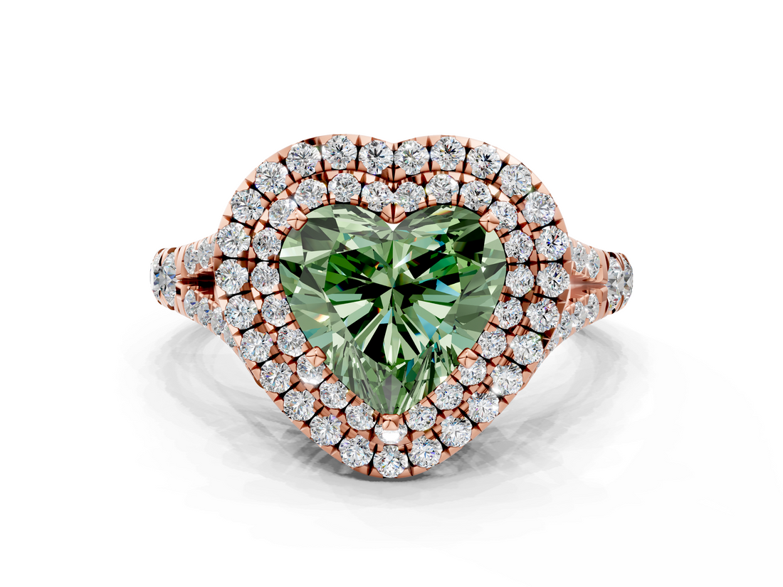 Rose gold Double Halo Fancy Green Heart  Cut Diamond Split Shank Ring with Four Prong Setting