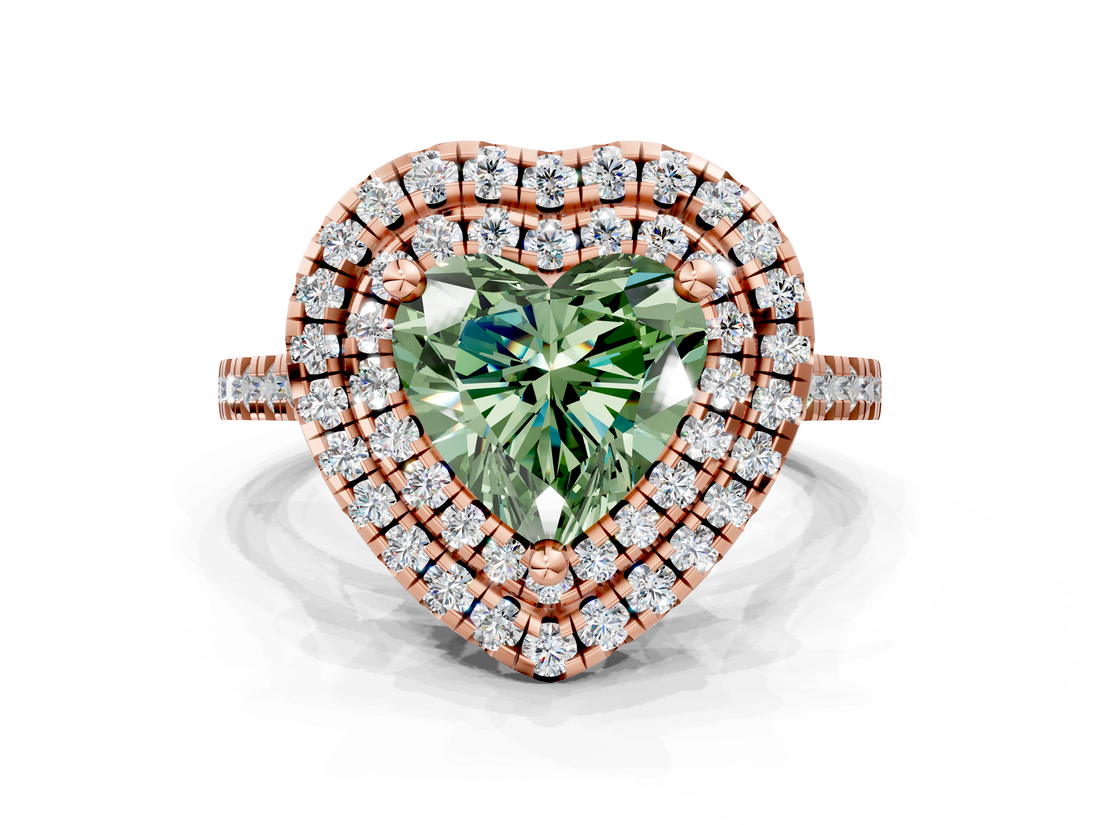 Rose gold Double Halo Fancy Green Heart  Diamond Pave Band with Four-Prong Setting_17