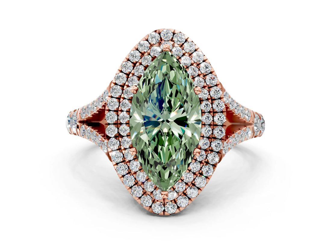 Rose gold Double Halo Fancy Green Marquise Cut Diamond Split Shank Engagement Ring with Four-Prong Setting_3