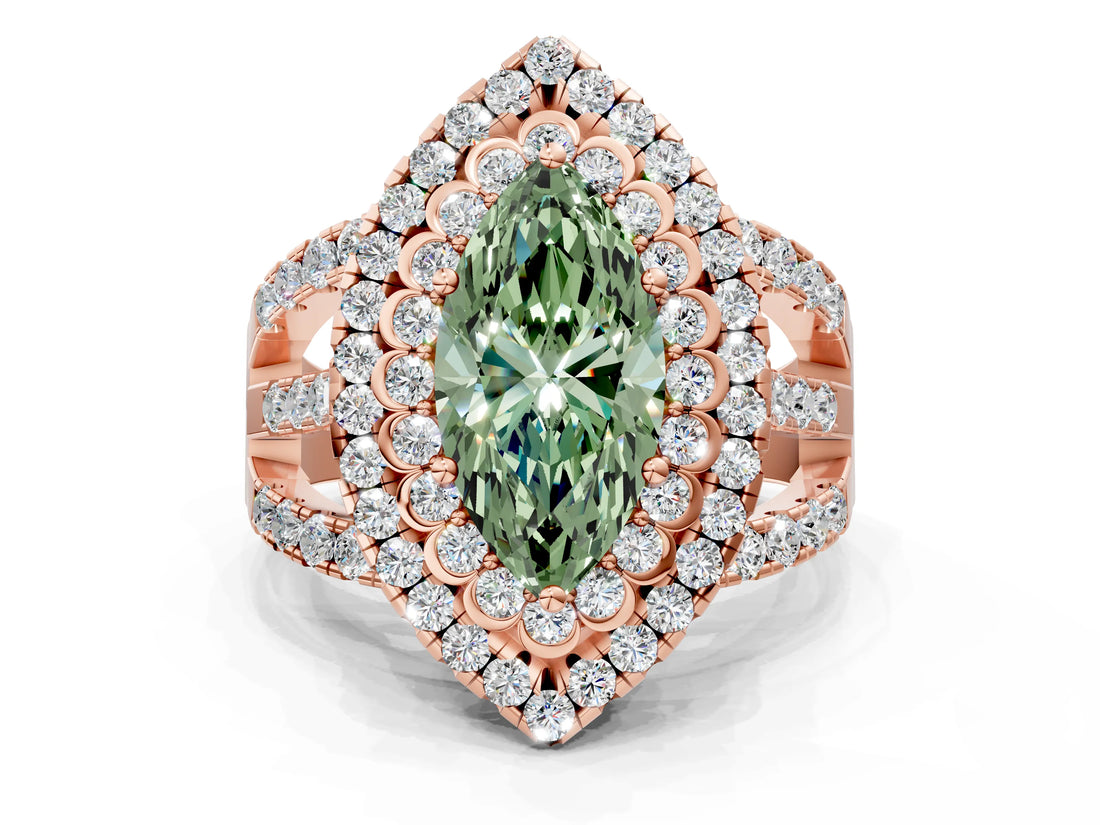 Rose gold Double Halo Fancy Green Marquise Cut Diamond Split Shank Pave Set Ring_3