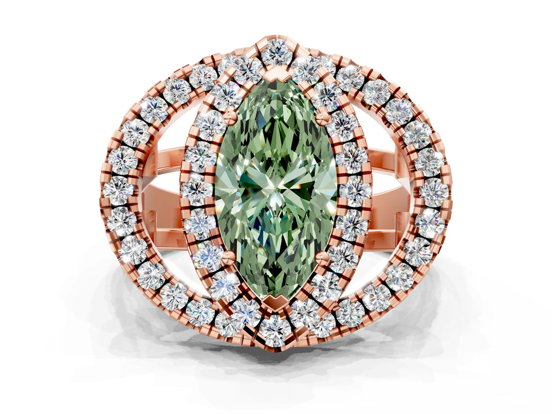 Rose gold Double Halo Fancy Green Marquise Cut Diamond Split Shank Prong Setting Ring