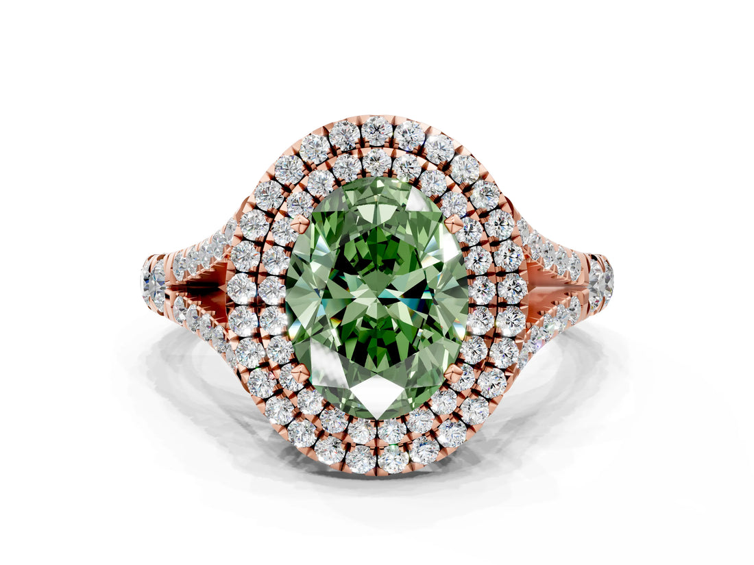 Rose gold Double Halo Fancy Green Oval -Shaped Split Shank Diamond Ring with Prong Setting_15