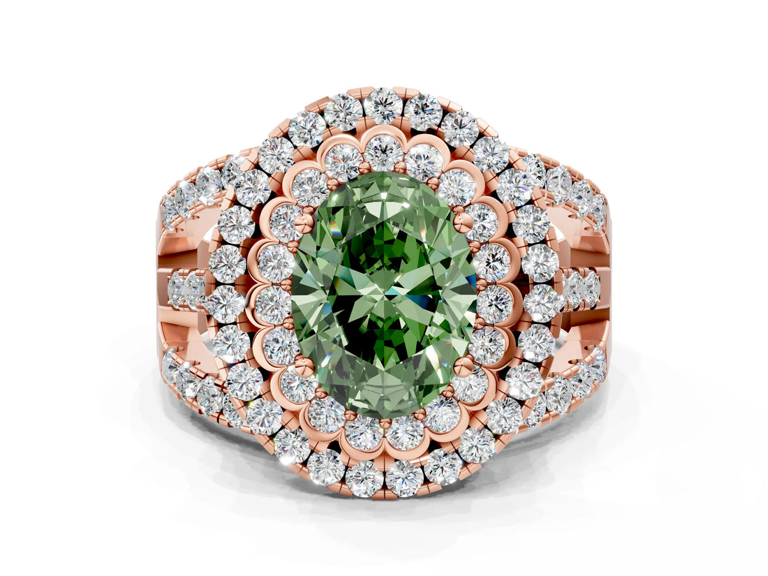Rose gold Double Halo Fancy Green Oval Cut Diamond Split Shank Pave Set Ring_3