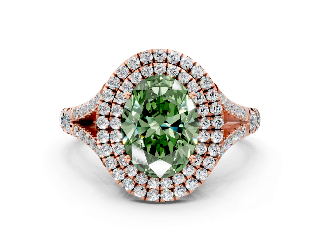 Rose gold Double Halo Fancy Green Oval  Cut Diamond Split Shank Ring with Four Prong Setting_20