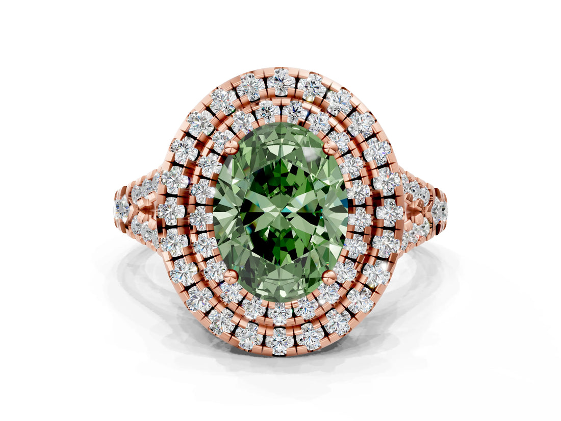 Rose gold Double Halo Fancy Green Oval  Cut Pave Split Shank Prong Set Ring_15