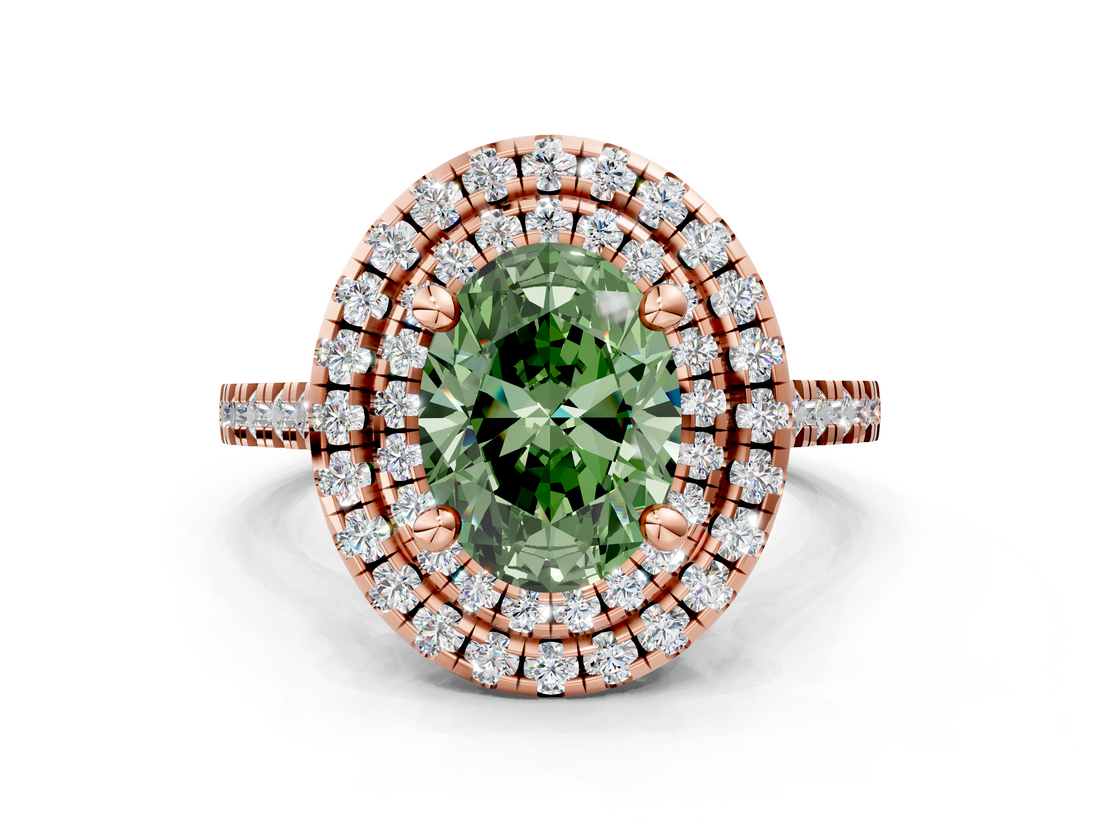Rose gold Double Halo Fancy Green Oval  Diamond Pave Band with Four-Prong Setting_38