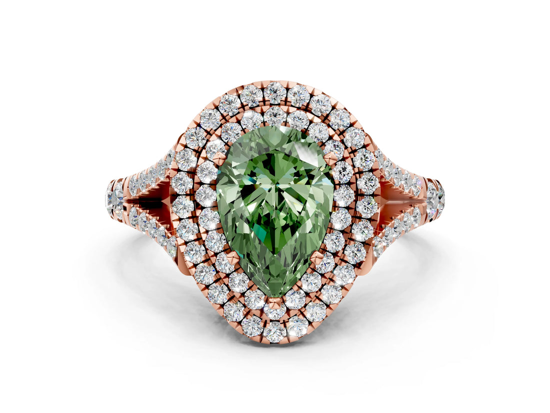 Rose gold Double Halo Fancy Green Pear -Shaped Split Shank Diamond Ring with Prong Setting_15