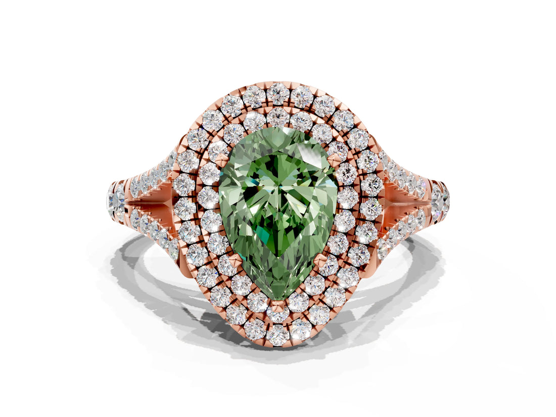 Rose gold Double Halo Fancy Green Pear Cut Diamond Split Shank Engagement Ring with Four-Prong Setting_3