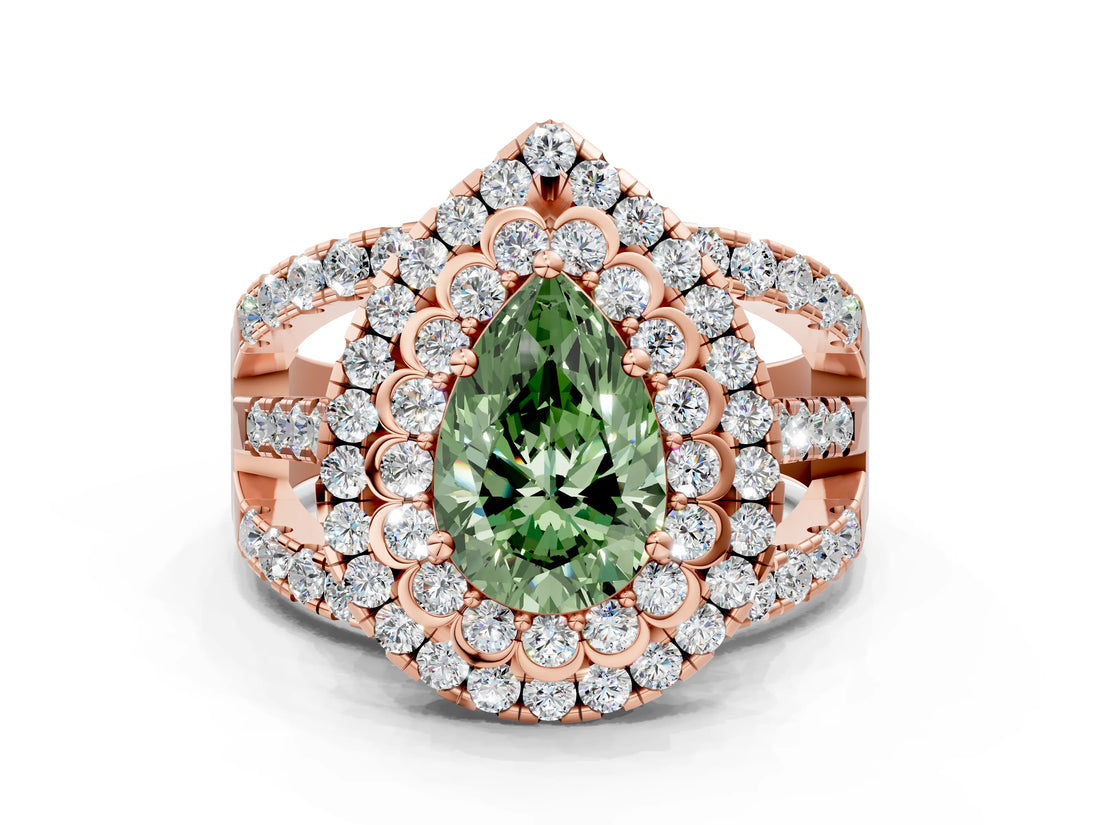 Rose gold Double Halo Fancy Green Pear Cut Diamond Split Shank Pave Set Ring_3
