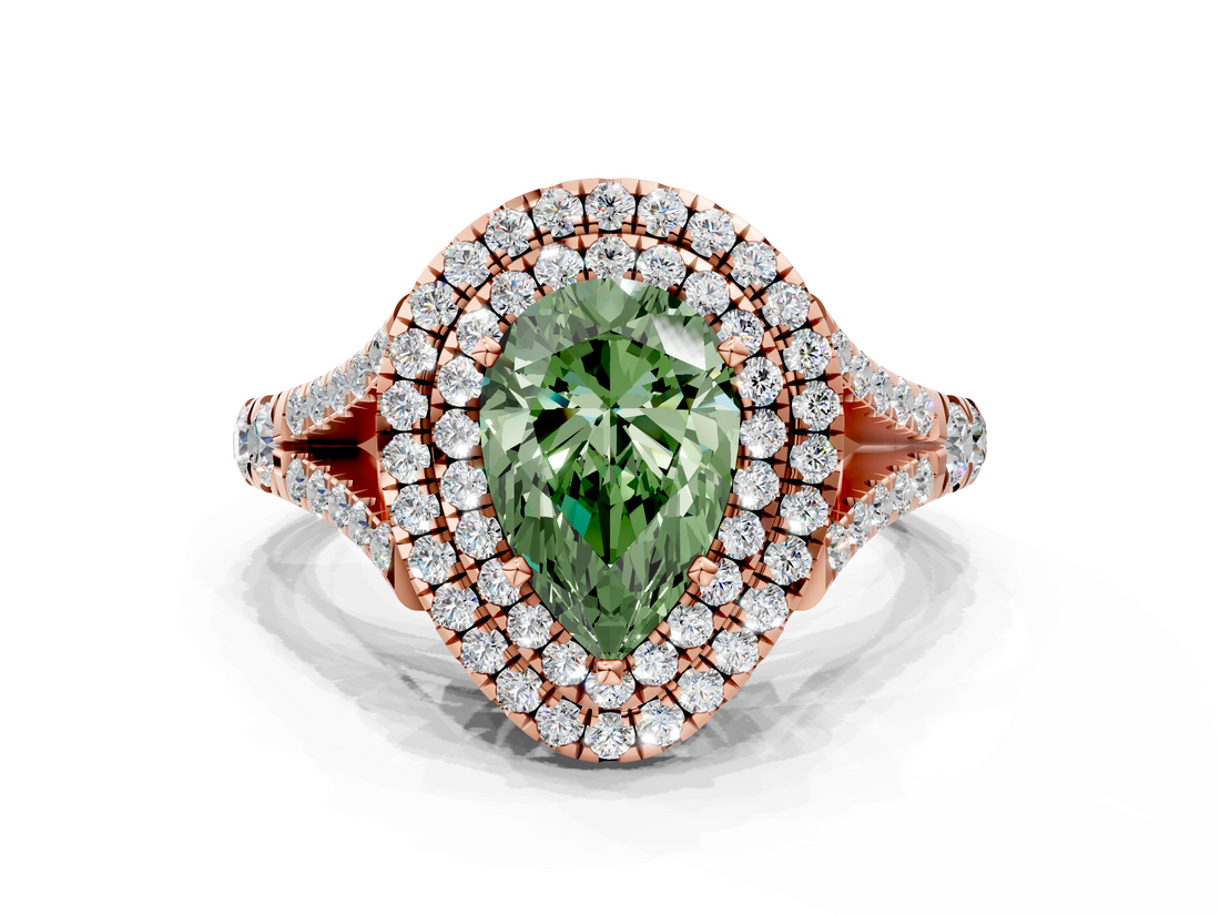 Rose gold Double Halo Fancy Green Pear  Cut Diamond Split Shank Ring with Four Prong Setting_20