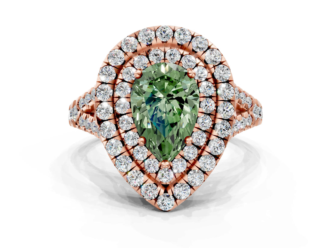 Rose gold Double Halo Fancy Green Pear  Cut Pave Split Shank Prong Set Ring_15