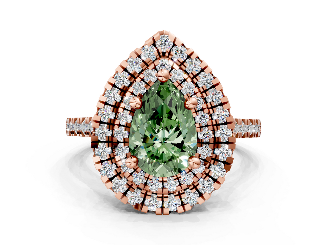 Rose gold Double Halo Fancy Green Pear  Diamond Pave Band with Four-Prong Setting_43