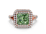 Rose gold Double Halo Fancy Green Princess -Shaped Split Shank Diamond Ring with Prong Setting_15