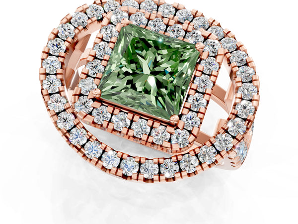 Rose Gold Princess Cut Halo Engagement Ring Setting for Fancy Green Center - Design RJ-762