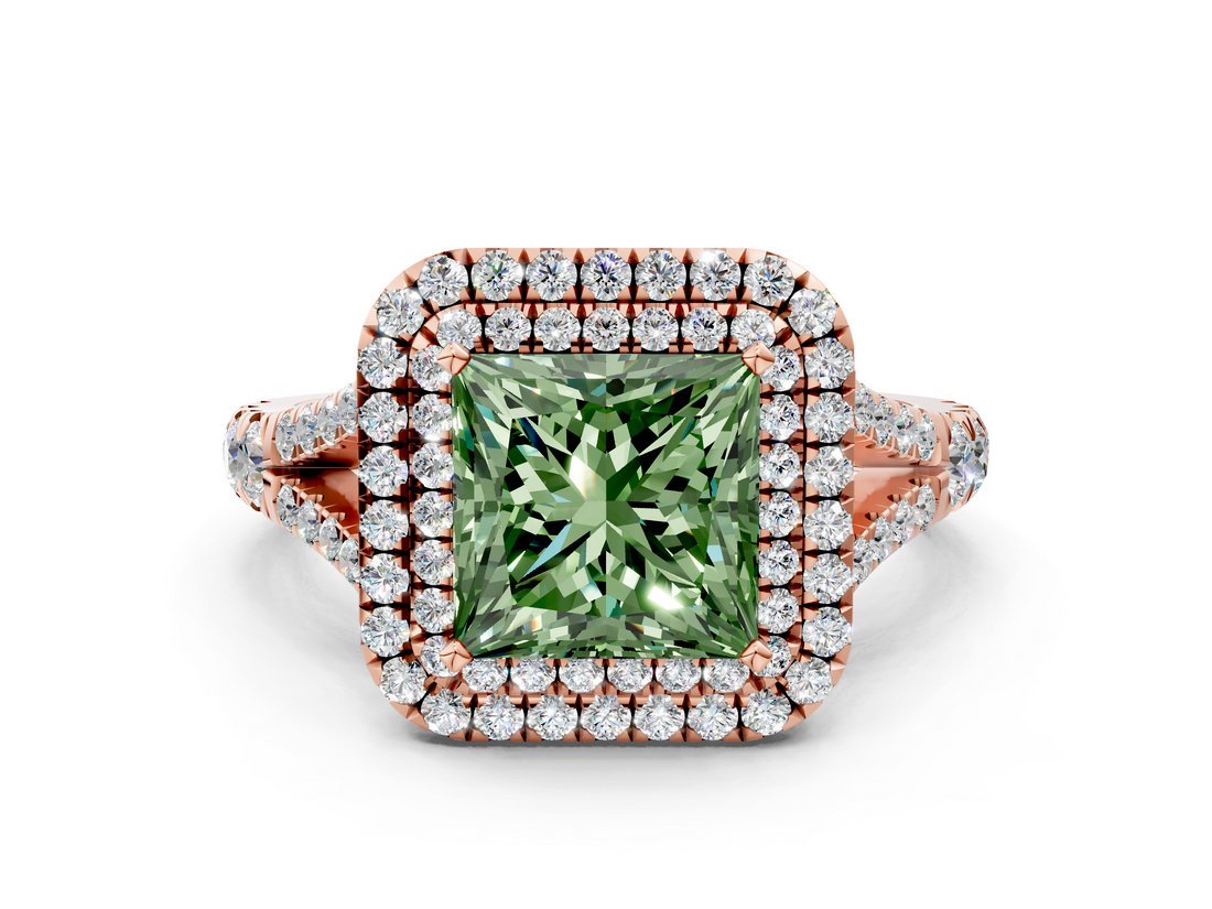 Rose gold Double Halo Fancy Green Princess  Cut Diamond Split Shank Ring with Four Prong Setting