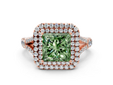 Rose gold Double Halo Fancy Green Princess  Cut Diamond Split Shank Ring with Four Prong Setting