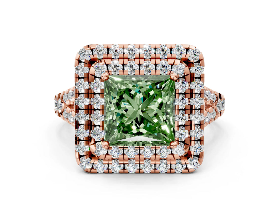 Rose gold Double Halo Fancy Green Princess  Cut Pave Split Shank Prong Set Ring_15